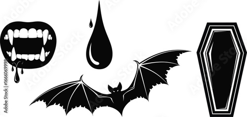 Creepy vampire bat, fangs with blood, coffin, and drop for Halloween designs and spooky events