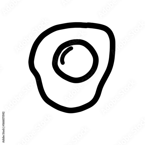 A simple black and white drawing of a fried egg with a runny yolk in a minimalist style illustration