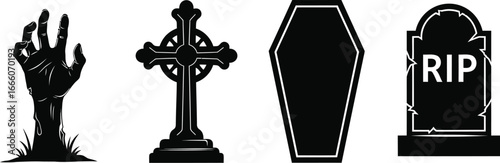 Spooky Halloween symbols including a zombie hand, cross, coffin and RIP tombstone on white