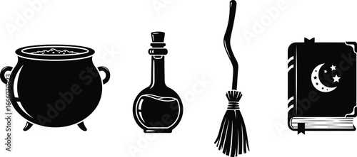 Classic Halloween symbols of potion, cauldron, broom, and spellbook in black and white for spooky designs