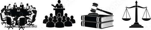 Legal Justice Concepts: Business Meeting, Public Speaker, Books with Gavel, and Scales of Justice
