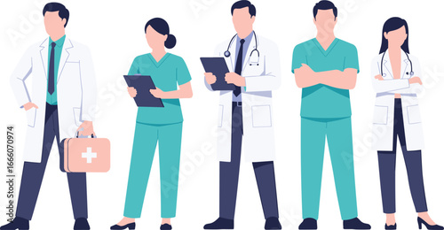 Medical professionals team vector, doctors and nurses illustration, healthcare staff clipart, modern hospital workers in uniforms and coats