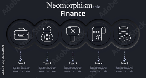 Finance set icon. Briefcase, money bag, cancel sign, receipt with coin, coin stacks outlined in minimal white lines on rounded dark buttons with neomorphic shading
