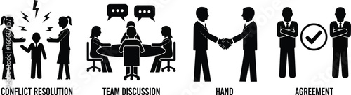 Business icons showing conflict resolution, team discussion, handshake, and agreement for commercial use
