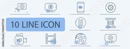 Multimedia set icon. Camera, play, pause, HD, screen, reel, film, gear, frame outlined in minimal style for video streaming or playback interface.