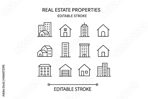 Real estate Properties line editable icon set. Containing, Urban architecture, building, skyscraper, and more. Editable stroke. Vector illustration on white background