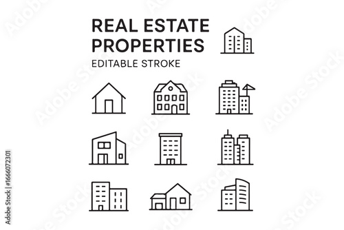 Real estate Properties line editable icon set. Containing, Urban architecture, building, skyscraper, and more. Editable stroke. Vector illustration on white background