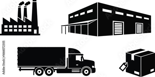 Streamlined logistics solution featuring factory, distribution center, truck, and tagged package for delivery