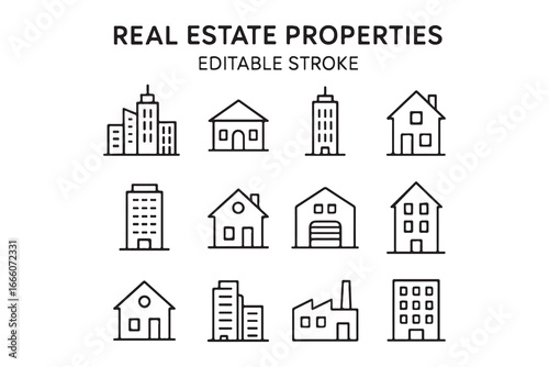 Real estate Properties line editable icon set. Containing, Urban architecture, building, skyscraper, and more. Editable stroke. Vector illustration on white background