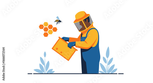 Dark-Skinned Beekeeper in Yellow Protective Suit and Blue Overalls Holding Beehive Frame