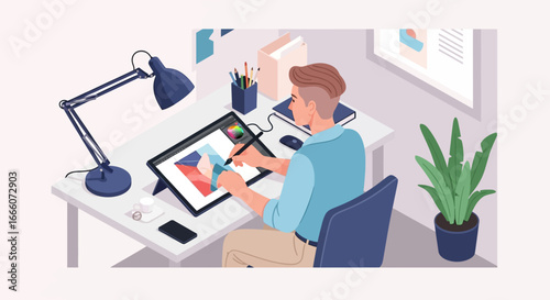 Digital Artist Working on Tablet with Stylus in Home Office