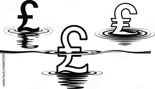 Pound Sterling Crisis Illustration, Sinking Currency Symbol and Financial Decline.
