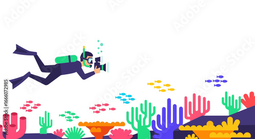 Diver with Camera in Underwater Scene with Colorful Coral Reefs