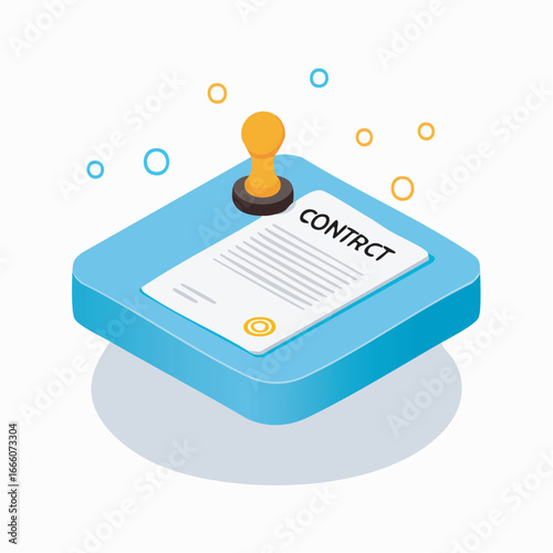 Contract document secured with a stamp resting on a blue platform, symbolizing legal agreement and business approval in a modern, clean style.