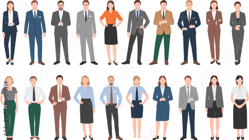 Professional business people characters, formal office attire, corporate diversity, team illustration, flat design, workplace vector, business fashion concept