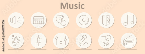 Music icon. Speaker with lines, piano keyboard, hand on record, vinyl disc, cassette, music note, dancing earphones, microphone, equalizer sliders, handheld microphone, microphone with headset, radio.
