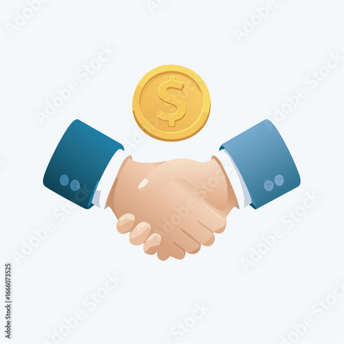 Handshake symbolizes a successful business deal with a golden coin floating above, representing financial agreement and partnership, creating a positive and trustworthy atmosphere.