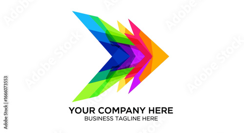 Dynamic geometric arrow logo with vibrant, overlapping, multicolored translucent shapes.