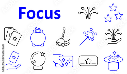 Focus set icon. Stylized cards, stars, crystal ball, wand, hat, spark, and hand emphasize attention, intention, magic, prediction, and concentration through symbolic visuals