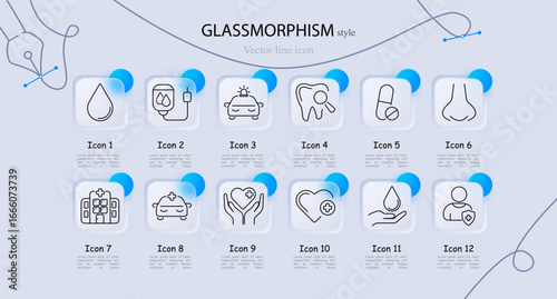 Healthcare and hospital set icon. Blood drop, IV drip, ambulance, tooth, pills, nose, building, emergency van, hand heart, wellness, dropper, patient care symbols.