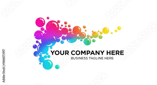 Dynamic vibrant glossy bubbles forming a rainbow gradient logo with placeholder company and tagline text.