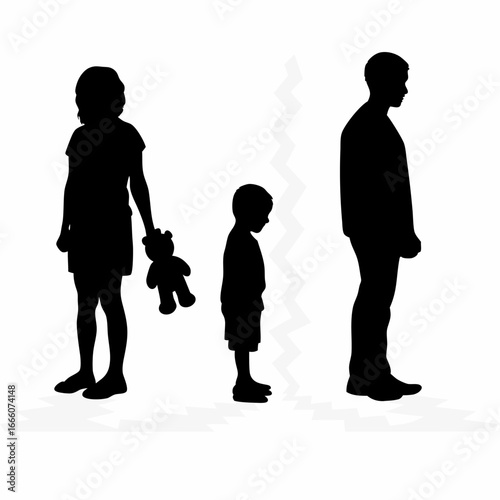 Silhouette of a boy with a broken toy between parents turned away isolated on white background