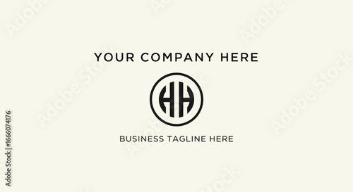Elegant black HH monogram logo in a circle, with placeholder company name and business tagline text.