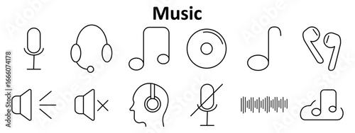 Music set icon. Includes microphone, headset, musical notes, CD, earphones, volume speaker, mute symbol, audio waveform, head with headphones, cloud with note.