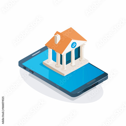 Isometric bank building sits atop a mobile phone screen, representing online banking and financial technology in a modern and convenient way.
