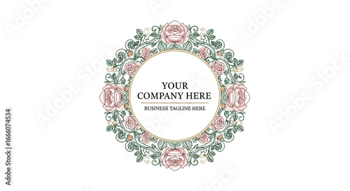 Elegant circular floral wreath with pink roses, green leaves, and golden accents, hand-drawn vintage style.