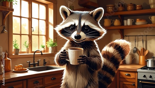 Whimsical raccoon enjoying morning coffee in rustic kitchen setting, warm tones, soft sunlight, cozy wood textures, and charming anthropomorphic style perfect for storytelling and creative composition