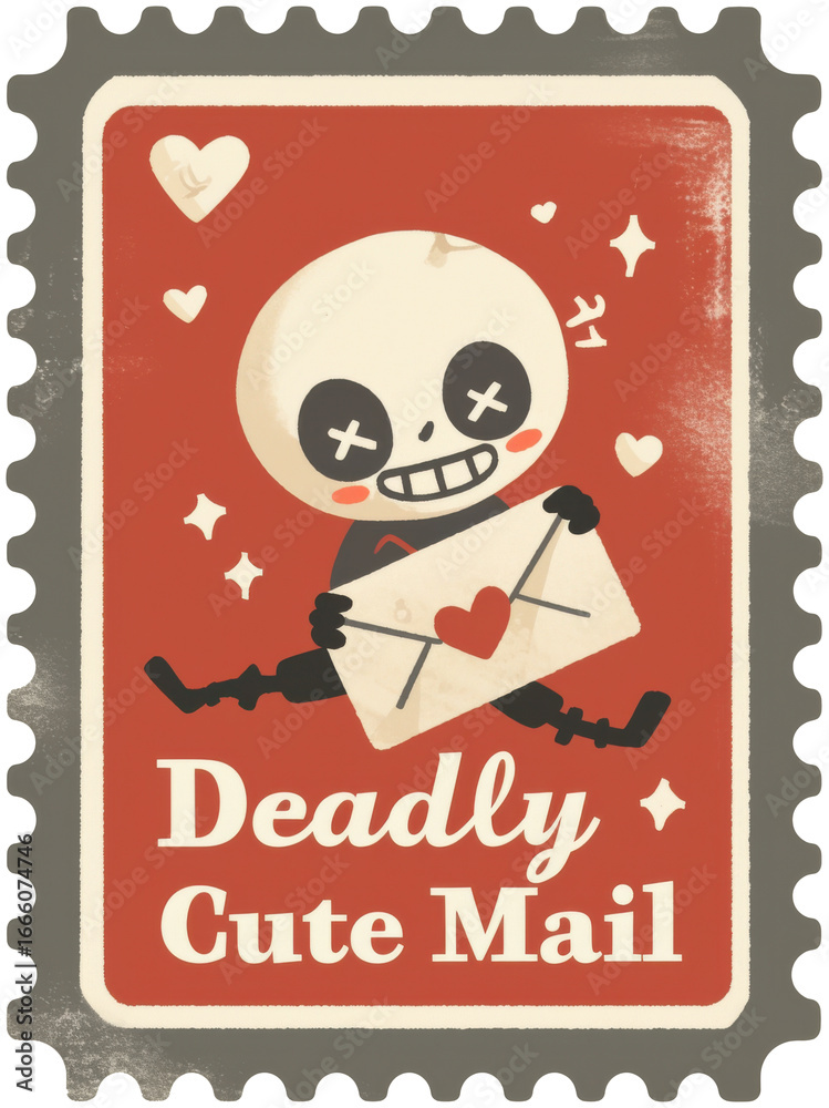 Naklejka premium Halloween stamp, Adorable skeleton holding love letter with 