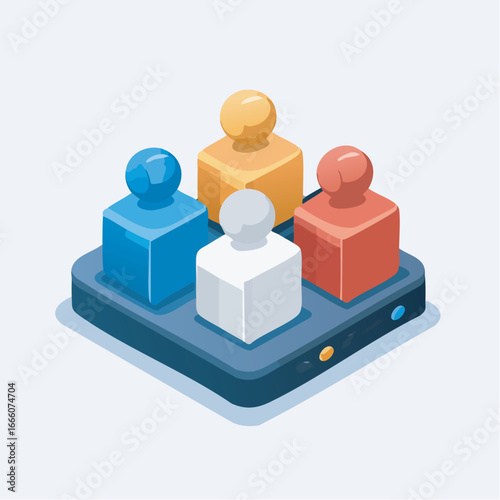 Colorful game pieces standing on a dark blue platform representing strategy and teamwork in a modern, minimalist style.