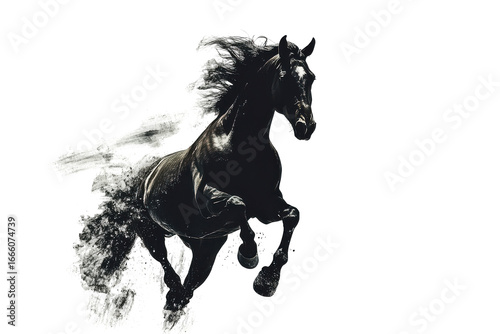 Majestic black horse sculpture with flowing mane isolated on transparent background. Running brown horse isolated on white background.