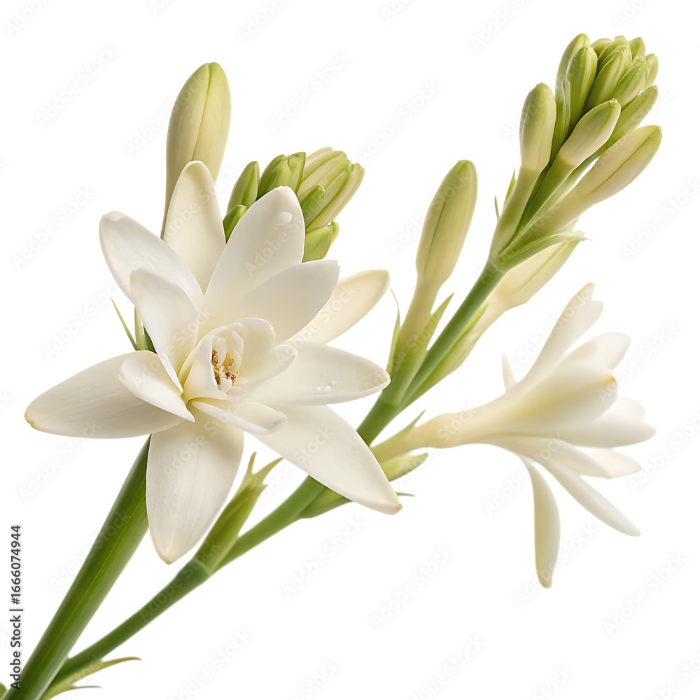 Obraz premium A single fragrant white tuberose flower blossom isolated on a transparent background png