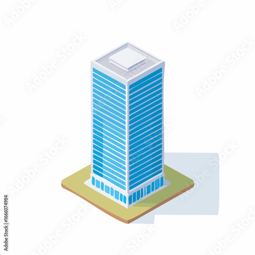 Isometric skyscraper stands tall against a white backdrop, showcasing modern architecture and clean lines in a minimalist and contemporary style.