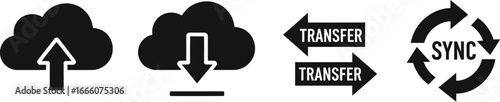 Effortlessly manage data with cloud upload, download, transfer, and sync icons for business solutions