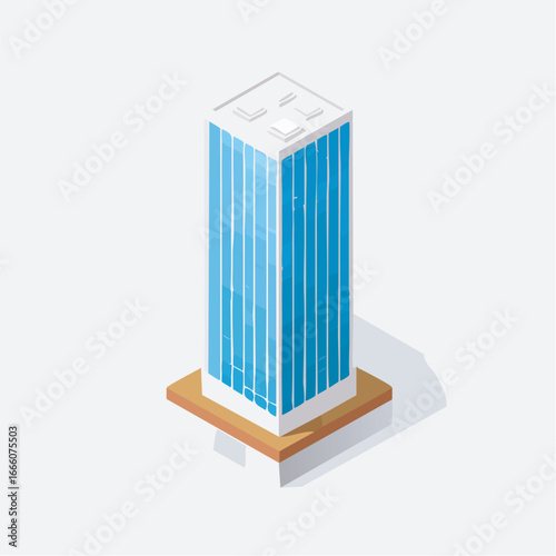 Modern skyscraper stands tall against a clean white backdrop, showcasing its sleek blue glass facade and geometric design in a minimalist style.
