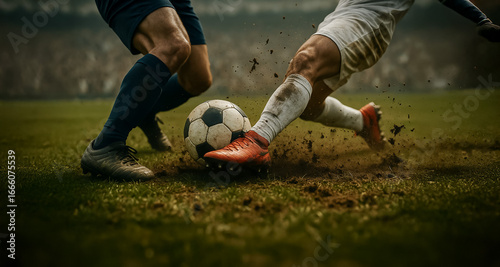 Powerful soccer tackle captured mid-action as two players clash over the ball, dirt flying, showcasing energy, intensity, and raw competition.