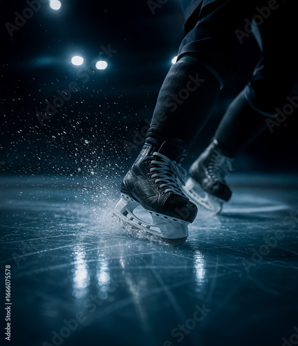 Dynamic freeze-frame of an ice hockey player executing a sharp stop on the rink, with ice spraying dramatically under stadium lights.