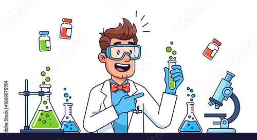 Enthusiastic Cartoon Scientist Holding Test Tube with Bubbles