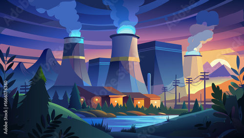 Night view of nuclear plant, cooling towers illuminated, radiant contrast against darkness, industrial strength glows, mysterious energy whispers eternity, technological power framed by silence, timel