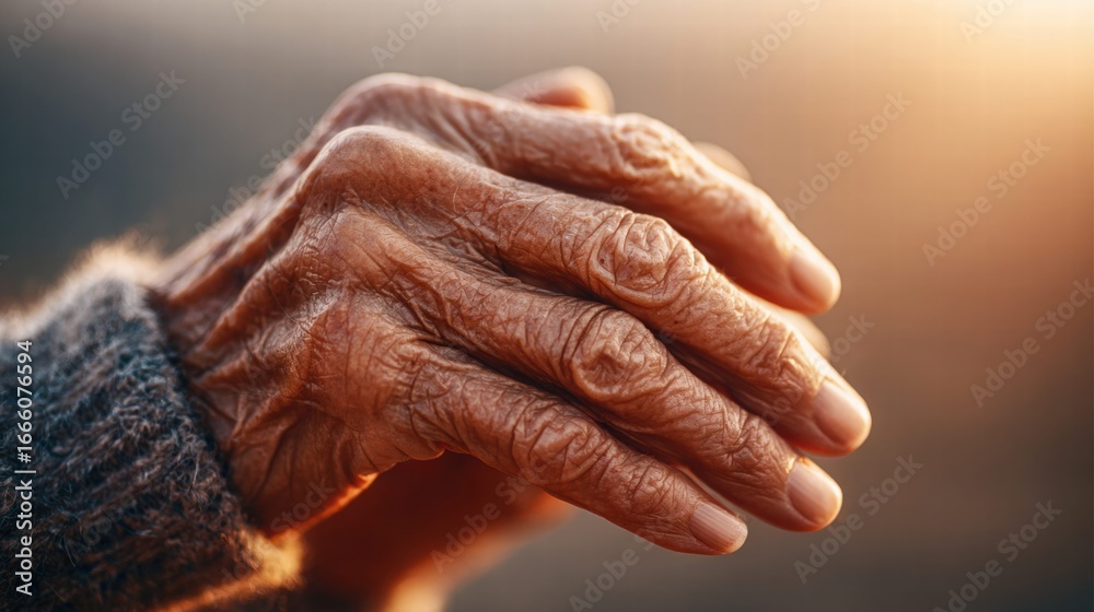 Fototapeta premium Detailed shot of elderly hands, showcasing wrinkles and skin texture in warm light.