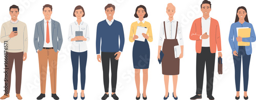 Young professionals in smart casual office attire standing in a row, representing modern workplace diversity and corporate team collaboration.