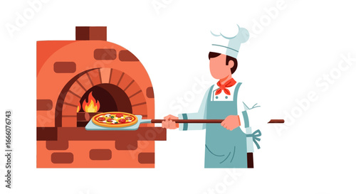 Flat design chef baking fresh pizza in a traditional wood-fired brick oven with flames