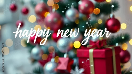  festive happy new year greeting with blurred decorated christmas tree and wrapped gift box in warm glowing holiday setting ideal for seasonal celebration, greeting cards, and event industries