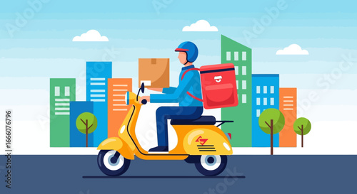 Flat design delivery rider on yellow scooter, blue helmet, red backpack, holding a brown package.