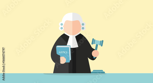 Flat design illustration of a faceless judge in a white wig holding a gavel and a blue book titled Justice.