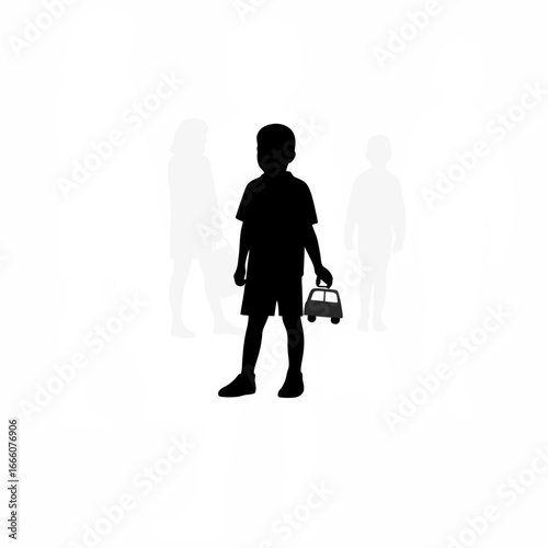 Sad boy with toy car parents turned away silhouette isolated on white background