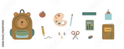 Set with school supplies. Backpack, notebook, calculator, pencil. For fabric, wrapping, cards, textile, wallpaper, apparel. Isolated vector illustration in flat cartoon style on white background.
